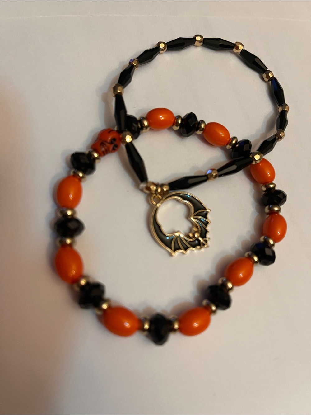 Halloween Orange and Black Beaded Bracelet Set with Gold Bat Charm